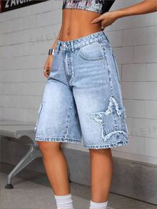 SHEIN ICON Embroidered Star Washed Low-Waist Women Denim Shorts - Light Wash - View 3