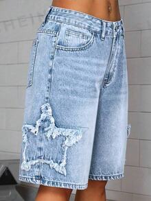 SHEIN ICON Embroidered Star Washed Low-Waist Women Denim Shorts - Light Wash - View 1