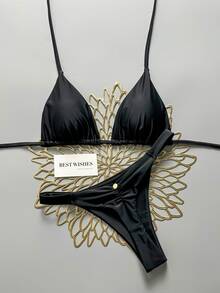 SHEIN Swim 春夏海灘度假三角杯掛脖式兩件式泳衣套裝 - 黑色 - 查看 3