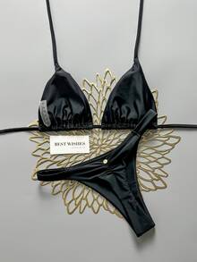 SHEIN Swim 春夏海灘度假三角杯掛脖式兩件式泳衣套裝 - 黑色 - 查看 2