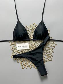 SHEIN Swim 春夏海灘度假三角杯掛脖式兩件式泳衣套裝 - 黑色 - 查看 4