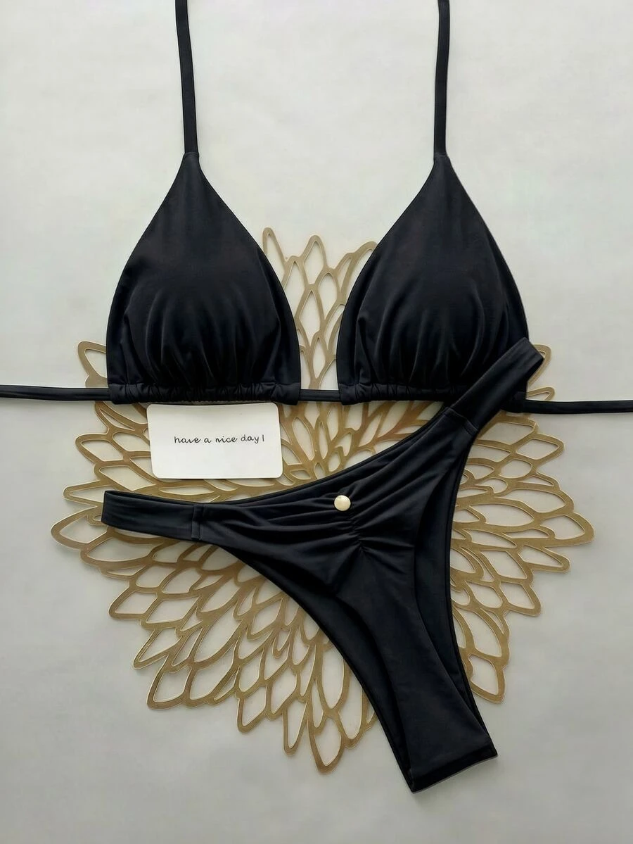 SHEIN Swim 春夏海灘度假三角杯掛脖式兩件式泳衣套裝 - 黑色 - 查看 1