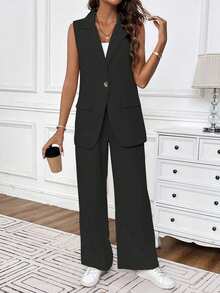 EMERY ROSE Solid Single Button Vest Blazer & Pants - Black - View 6