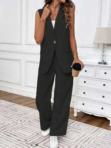 EMERY ROSE Solid Single Button Vest Blazer & Pants - Black - View 4