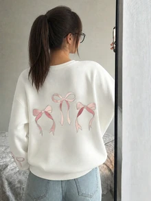 Aloruh 秋冬季女士超大白色蝴蝶结刺绣浪漫温暖内衬运动衫 - 白色 - 查看 5