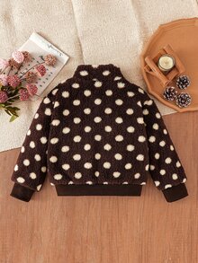 SHEIN Elladie kids 女童新款春夏秋冬甜美可愛棕色波點抓絨拉鍊外套大衣，適合日常休閒度假出遊，優雅可愛穿搭 - 咖啡棕 - 查看 3
