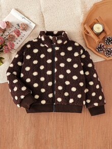 SHEIN Elladie kids 女童新款春夏秋冬甜美可愛棕色波點抓絨拉鍊外套大衣，適合日常休閒度假出遊，優雅可愛穿搭 - 咖啡棕 - 查看 5