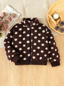 SHEIN Elladie kids 女童新款春夏秋冬甜美可愛棕色波點抓絨拉鍊外套大衣，適合日常休閒度假出遊，優雅可愛穿搭 - 咖啡棕 - 查看 9