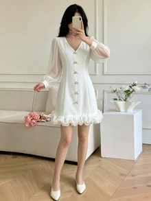 Celisse Women's Elegant Faux Pearl Button Decorated Lace Hem Dress - White - View 3