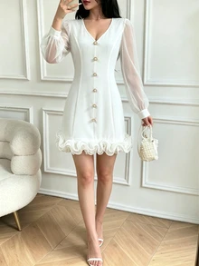 Celisse Women's Elegant Faux Pearl Button Decorated Lace Hem Dress - White - View 4