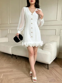 Celisse Women's Elegant Faux Pearl Button Decorated Lace Hem Dress - White - View 1