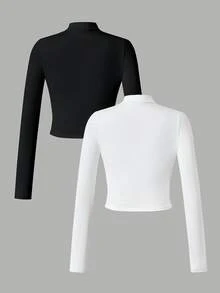 SHEIN 青少年女孩秋季服飾 黑白 2件組 素色長袖前拉鍊休閒街頭風寬鬆夾克 極簡純色 返校上班穿搭 - 白色 - 查看 3