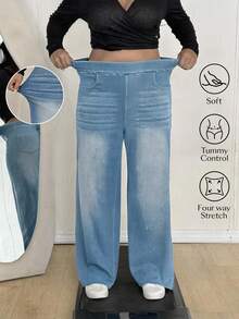 Flexra Women's Plus Size Stretch Straight Leg Elastic Waist Denim Jeans - Light Wash - View 1