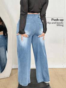 Flexra Women's Plus Size Stretch Straight Leg Elastic Waist Denim Jeans - Light Wash - View 4