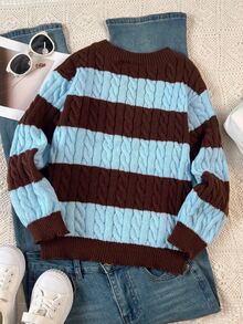 SHEIN Tween Girls Striped Colorblock Cable Knit V-Neck Lantern Sleeve Oversized Pullover Sweater, Suitable For Autumn/Winter And Outings - Multicolor - View 2