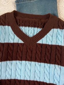 SHEIN Tween Girls Striped Colorblock Cable Knit V-Neck Lantern Sleeve Oversized Pullover Sweater, Suitable For Autumn/Winter And Outings - Multicolor - View 4