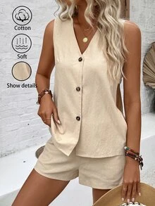 EMERY ROSE Ladies' Solid Color V-Neck Hollow Out Sleeveless Top And Pocketed Shorts, Summer Casual 2pcs Outfit - Khaki - View 4