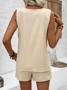 EMERY ROSE Ladies' Solid Color V-Neck Hollow Out Sleeveless Top And Pocketed Shorts, Summer Casual 2pcs Outfit - Khaki - View 2