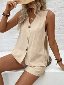 EMERY ROSE Ladies' Solid Color V-Neck Hollow Out Sleeveless Top And Pocketed Shorts, Summer Casual 2pcs Outfit - Khaki - View 5