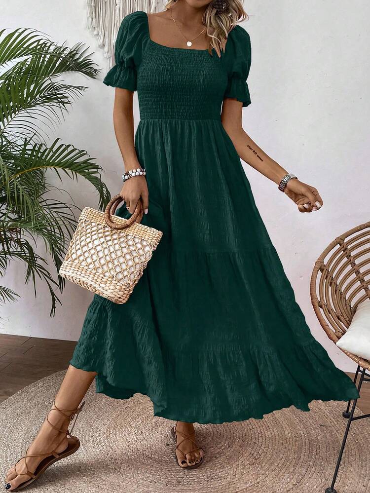 EMERY ROSE Gaun Panjang Maxi Wanita untuk Liburan Musim Panas dengan Lengan Gelembung Bertekstur Warna Polos - Dark Green - View 6
