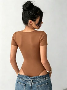 INAWLY Solva Women's Solid Color Fitted Versatile Daily Short Sleeve Bodysuit Night Shades Of Brown Summer Sexy - Brown - View 2