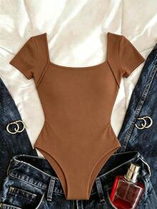 INAWLY Solva Women's Solid Color Fitted Versatile Daily Short Sleeve Bodysuit Night Shades Of Brown Summer Sexy - Brown - View 5