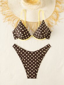 SHEIN Swim 春夏新款黃色鋼圈比基尼性感女款泳衣，海灘度假約會清新可愛甜美泳裝 - 棕色 - 查看 8
