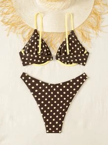 SHEIN Swim 春夏新款黃色鋼圈比基尼性感女款泳衣，海灘度假約會清新可愛甜美泳裝 - 棕色 - 查看 2