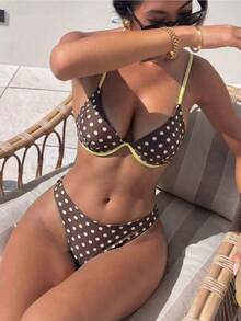 SHEIN Swim 春夏新款黃色鋼圈比基尼性感女款泳衣，海灘度假約會清新可愛甜美泳裝 - 棕色 - 查看 3