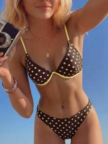 SHEIN Swim 春夏新款黃色鋼圈比基尼性感女款泳衣，海灘度假約會清新可愛甜美泳裝 - 棕色 - 查看 1
