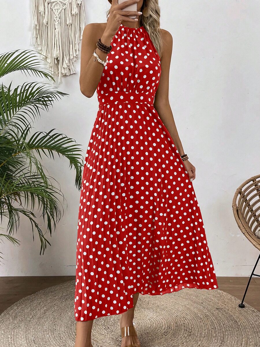 EMERY ROSE Women Summer Polka Dot Print Halter Sleeveless Dress - Red - View 1