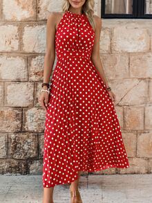 EMERY ROSE Women Summer Polka Dot Print Halter Sleeveless Dress - Red - View 3