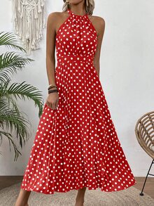 EMERY ROSE Women Summer Polka Dot Print Halter Sleeveless Dress - Red - View 7
