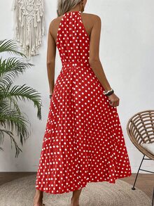 EMERY ROSE Women Summer Polka Dot Print Halter Sleeveless Dress - Red - View 2