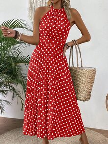 EMERY ROSE Women Summer Polka Dot Print Halter Sleeveless Dress - Red - View 4