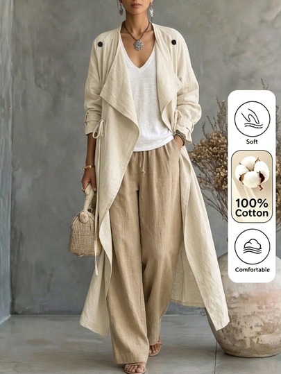 Breezaya Women's Solid Color Casual Artistic Pastoral Style Coat, Large Lapel Asymmetrical Draped Waterfall Collar Design, Long Cardigan Trench Coat, Suitable