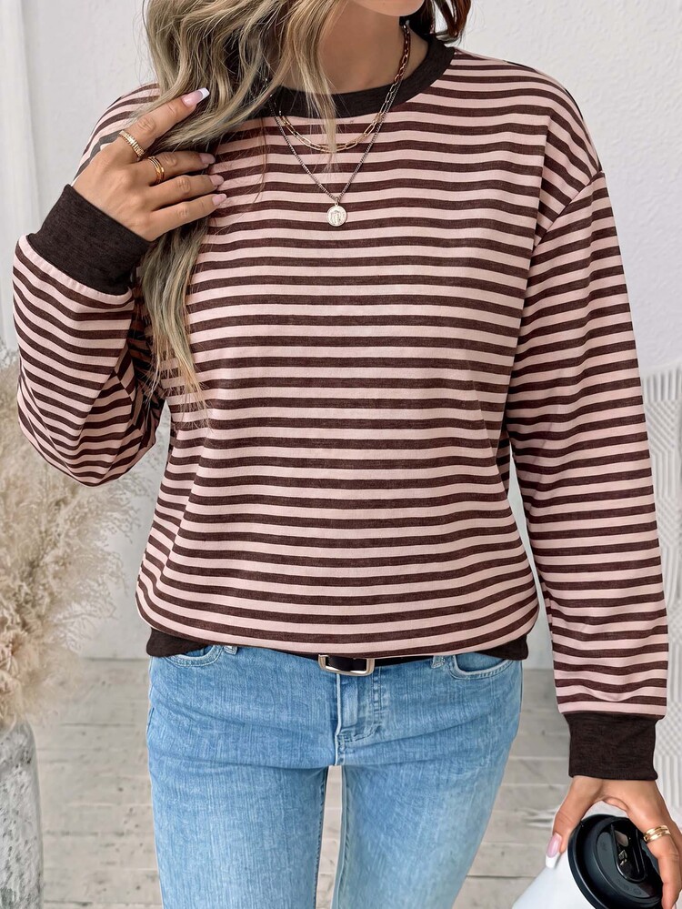 SHEIN LUNE Women's Casual Striped Colorblock Sweatshirt, Suitable For Autumn/Winter Back To School Season - White - View 5