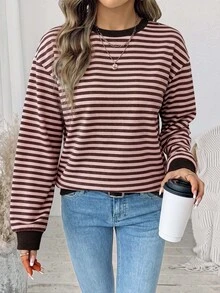 SHEIN LUNE 女款休閒條紋拼色運動衫，適合秋冬返校季 - 白色 - 查看 2