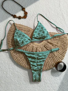 SHEIN Swim 女士沙滩泳装 2 件套，花卉印花可调节细肩带比基尼和丁字裤，夏季假期 - 綠色 - 查看 4