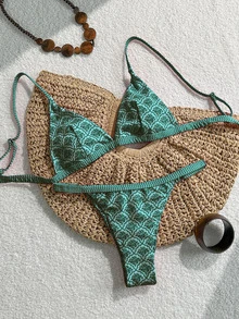 SHEIN Swim 女士沙滩泳装 2 件套，花卉印花可调节细肩带比基尼和丁字裤，夏季假期 - 綠色 - 查看 3