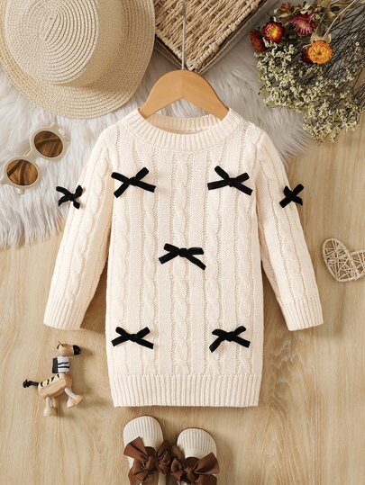 Genkimix Kids 1pc Baby Girls' Sweater Dress,Cream And Black Cable Knit Texture With 3D Bow Decor,Round Neck Long Sleeve Elegant Autumn Matching Family Princess