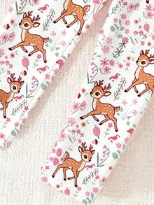 Young Girls Fall Winter Cute Deer & Letter Print Crew Neck Sweatshirt & Floral Leggings 2 Pcs Set - Multicolor - View 5
