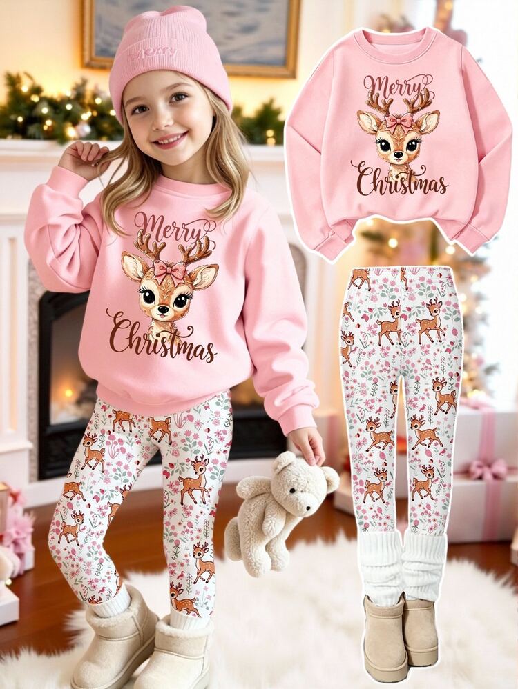 Young Girls Fall Winter Cute Deer & Letter Print Crew Neck Sweatshirt & Floral Leggings 2 Pcs Set - Multicolor - View 1