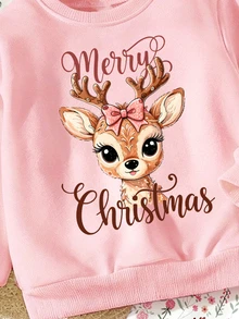Young Girls Fall Winter Cute Deer & Letter Print Crew Neck Sweatshirt & Floral Leggings 2 Pcs Set - Multicolor - View 6