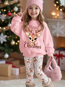 Young Girls Fall Winter Cute Deer & Letter Print Crew Neck Sweatshirt & Floral Leggings 2 Pcs Set - Multicolor - View 3