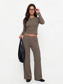 Aloruh Women's Casual Brown Striped Pajama Set,Autumn Lounge Two Piece Set Includes Crew Neck Long Sleeve Tee & Loose Straight Leg Pants For Elegant - Brown - View 5