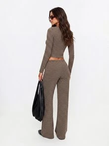 Aloruh Women's Casual Brown Striped Pajama Set,Autumn Lounge Two Piece Set Includes Crew Neck Long Sleeve Tee & Loose Straight Leg Pants For Elegant - Brown - View 3