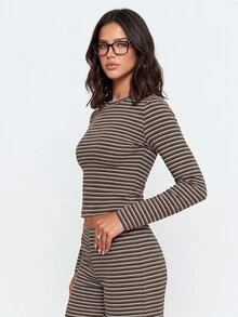 Aloruh Women's Casual Brown Striped Pajama Set,Autumn Lounge Two Piece Set Includes Crew Neck Long Sleeve Tee & Loose Straight Leg Pants For Elegant - Brown - View 6