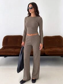 Aloruh Women's Casual Brown Striped Pajama Set,Autumn Lounge Two Piece Set Includes Crew Neck Long Sleeve Tee & Loose Straight Leg Pants For Elegant - Brown - View 4