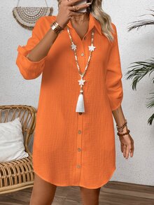 EMERY ROSE Women's Solid Color Buttoned Front Minimalist Shirt Collar Casual Short Dress Fall Cloth For Women - Orange - View 8